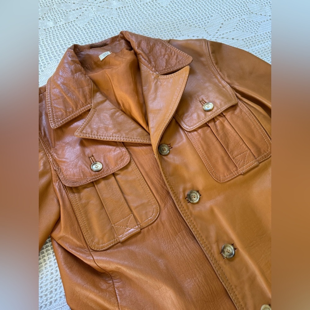 Vintage 100% leather cognac tan long line jacket small to medium euro 38 - Picture 11 of 17